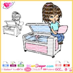 kawaii girl with laptop and a laser machine clipart svg download