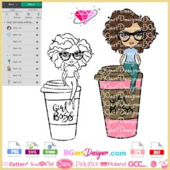 girl boss sitting on a glass of coffee svg cricut silhouette, afro girl sitting on a starbucks coffee glass clipart coloring download file