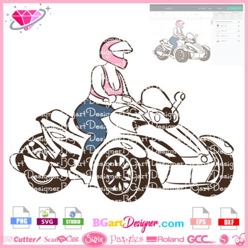 black girl riding can am spyder svg cricut silhouette, girl biker riding on motorbike can-am spyder, can-am spyder motorbike woman clipart sublimation illustration svg download