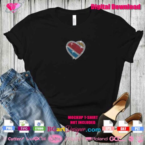 Mockup of rhinestone heart design inspired by Southwest Airlines logo on a black t-shirt for crafting and DIY projects.