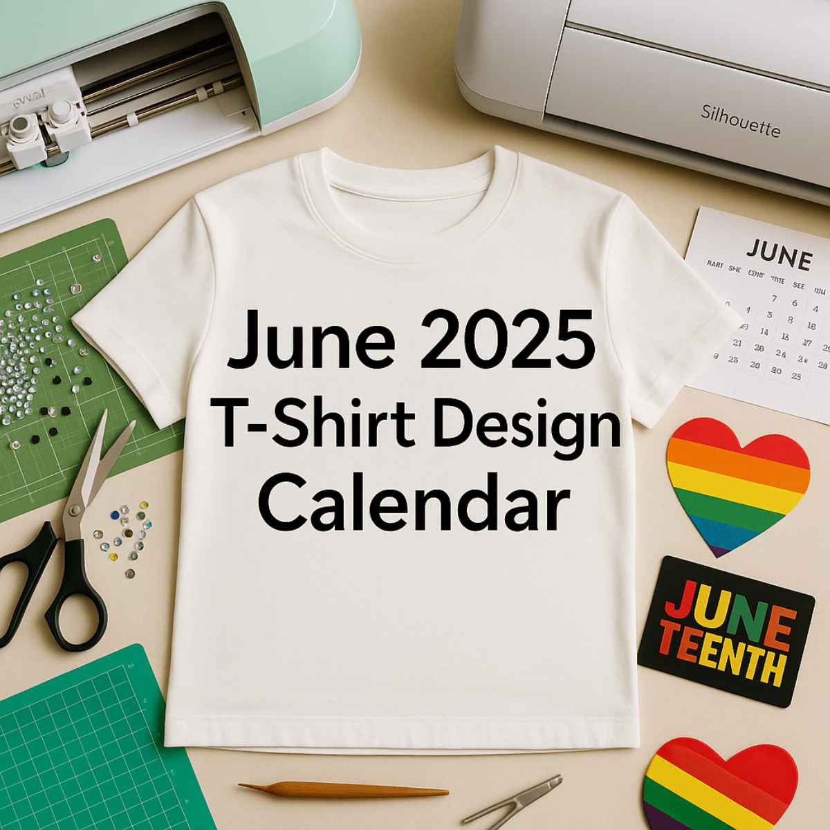 T-shirt flat lay with cutting tools, rhinestones, Cricut and Silhouette machines, calendar and rainbow heart for June 2025 SVG designs.