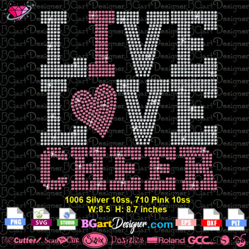 live love cheer rhinestone svg cricut silhouette, i love cheer rhinestone bling template, live love cheer digital rhinestone transfer iron on, cheer heart bling cuttable quote