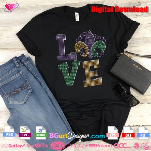 Love mardi gras rhinestone bling template svg cricut silhouette