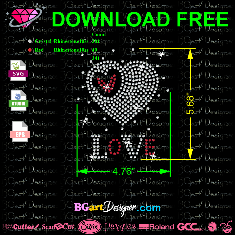 Love heart sparkle rhinestone free svg instant download cricut silhouette file, iron on rhinestone hotfix transfer template san valentine free design cut files