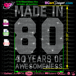 Made in 80 40 years of awesomeness rhinestone svg instant download, birthday bling vector cut file cricut silhouette files, Big and small athletic numbers rhinestone download