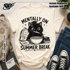 Cute black cat mentally on summer break shirt design with graduation cap eating ramen noodles for last day of school png