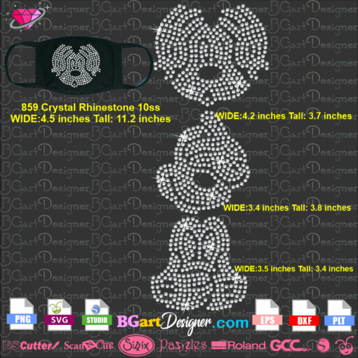 mickey silent rhinestone svg, mickey bling face mask, mickey face silhouette rhinestone 10ss