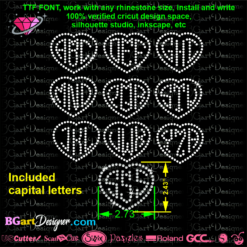 heart monogram rhinestone font, rhinestone letters svg download cricut silhouette iron on transfer