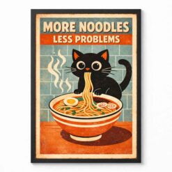 ramen cat poster funny black cat eating noodles retro kitchen wall art printable digital download