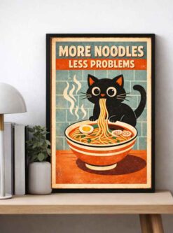 ramen cat poster framed kitchen wall art funny cat noodles printable decor