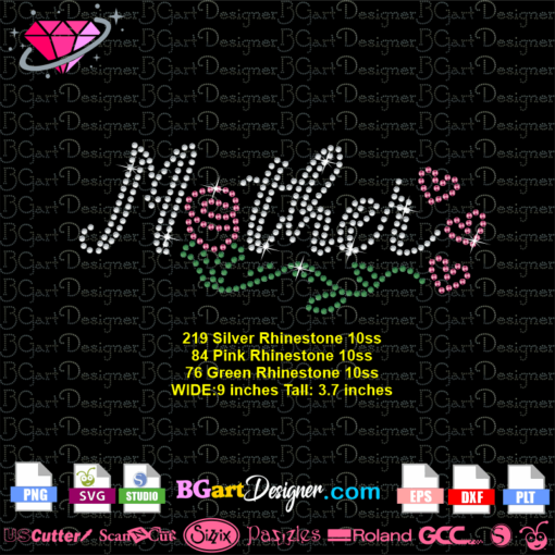 download mother rose hearts rhinestone svg cricut silhouette bling transfer, mothers mama mom flowers rhinestone iron transfer, happy mother's day rhinestone template svg vector image