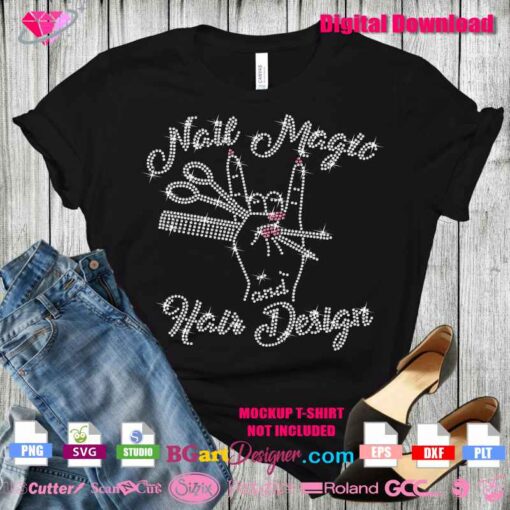 Mockup of a black T-shirt featuring the Nail Magic Hair Design rhinestone logo, ideal for SVG cutting projects