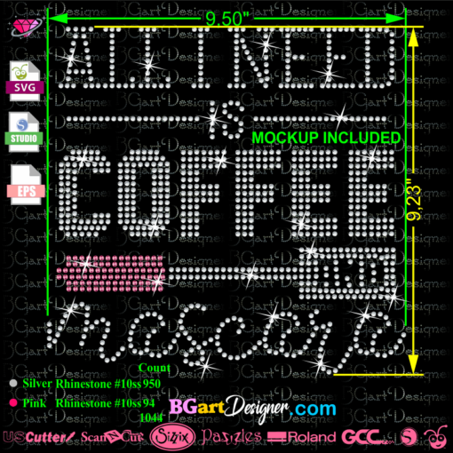 All I need is coffee and mascara rhinestone bling svg template, cricut vector cut files, silhouette cameo, makeup rhinestone, silhouette cameo file, cutting machine, vector cuttable