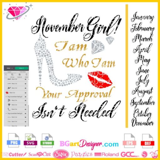 November girl approval heel lips svg, december girl svg, january girl svg, i am who i am svg, birthday girl svg, high heel svg, rhinestone heel svg, lips diamond svg, vector cricut file cuttable, silhouette cameo