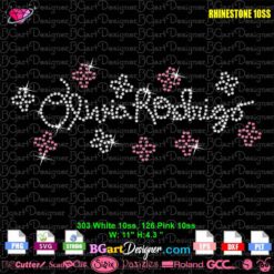 Olivia Rodrigo rhinestone SVG template featuring sparkly script lettering with pink and silver rhinestone stars for concert shirts.
