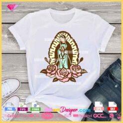 Virgen de Guadalupe T-shirt design with roses in SVG format, ideal for sublimation and Cricut crafting. Perfect for creating religious-themed apparel and Mexican-inspired designs.