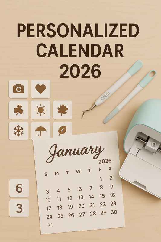 Craft-style Personalized Calendar 2026 design created with Cricut machine and Commercial layout icons, featuring crafting tools and calendar elements for digital cutting projects.