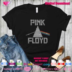 Pink Floyd Dark Side of the Moon rhinestone design on black t-shirt mockup for custom DIY projects