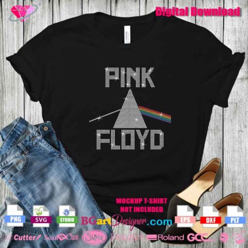 Pink Floyd Dark Side of the Moon rhinestone design on black t-shirt mockup for custom DIY projects