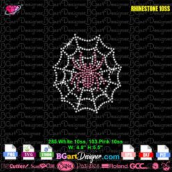 Technical specifications for a digital rhinestone template of a pink spider inside a white spiderweb on a black background. This bling cut file uses 10SS rhinestones (285 white, 103 pink) with a design size of 4.8x5.5 inches. Perfect for Cricut and Silhouette machines, it includes SVG, EPS, DXF, PLT, PNG, and Studio file formats for instant download. Perfect for women’s crafting businesses.