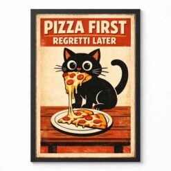 Pizza cat poster retro funny black cat eating pizza kitchen wall art printable digital download PNG