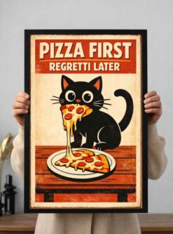 Pizza cat poster mockup funny black cat pizza wall art printable kitchen decor digital download