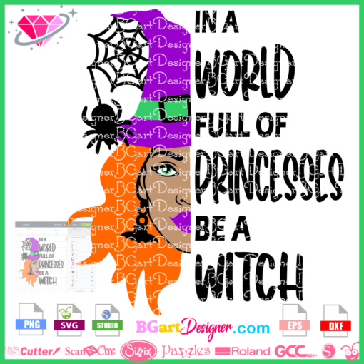 In a world full of princesses be a witch svg cut file, afro witch svg cricut, witch svg cricut silhouette, spider bat hat halloween svg instant download