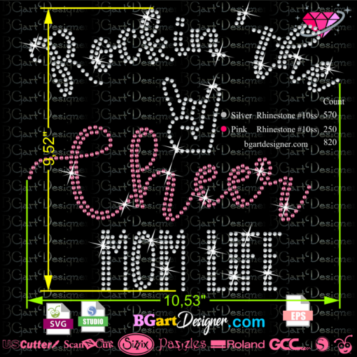 Rockin' the Cheer Mom Life rhinestone SVG, instant download, hotfix iron on transfer, vector cricut files, silhouette cameo file