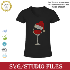 Wine Glass with Santa Hat Rhinestone Iron-on Crystal Bling Transfer Applique - Make Your Own Shirt DIY! Christmas Holidays