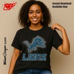 Lions rhinestone design on a black shirt with scattered effect, football team style digital template for crafting and apparel decoration