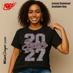 Black graduation T-shirt mockup displaying a pink and white Senior 2027 rhinestone design