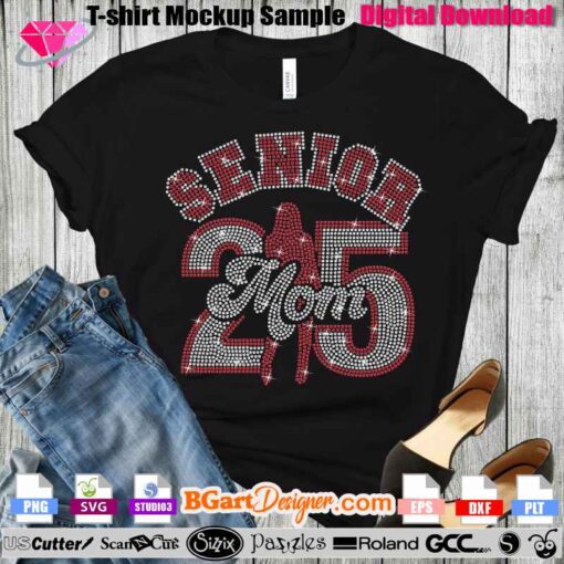 Senior Mom 2025 Rhinestone Template - Instant Digital Download | This dazzling rhinestone template for Cricut and Silhouette features the text 'Senior Mom 25' with a woman silhouette in a bold red and white rhinestone design. Perfect for crafting custom t-shirts for senior moms, this digital rhinestone template includes SVG, EPS, and DXF formats. Ideal for DIY projects, making personalized apparel, and celebrating graduation with style.