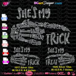 skeleton hand trick treat rhinestone svg cricut silhouette, she is my trick bling svg cuttable, he is my treat iron on transfer