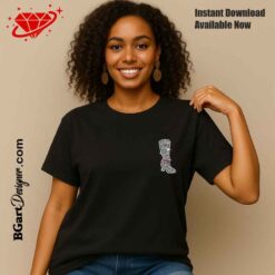 Black T-shirt mockup featuring a mini SS10 cowboy boot rhinestone design positioned on the left chest.
