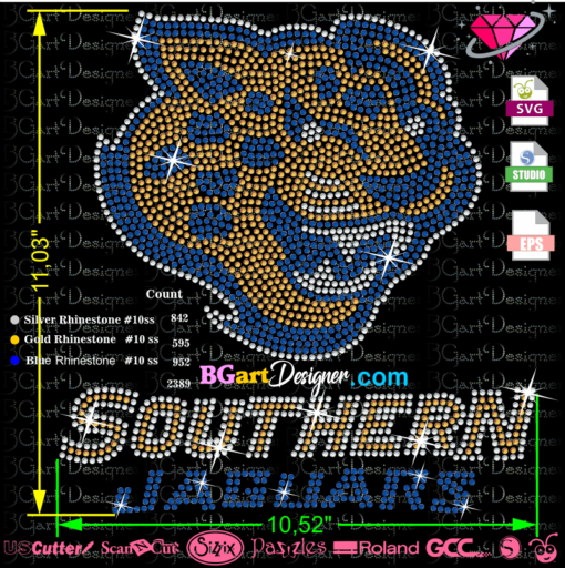 southern jaguars mascot rhinestone, svg vector cricut cut file, rhinestone template, hotfix iron on transfer, silhouette cameo, scan n cut