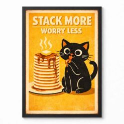 pancake cat poster funny black cat eating pancakes retro kitchen wall art printable