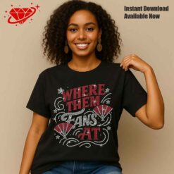 Smiling woman wearing a black t-shirt with red and white rhinestone design template text 