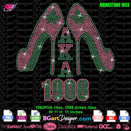 Rhinestone template featuring pink and green high heels with Alpha Kappa Alpha 1908 design, digital download