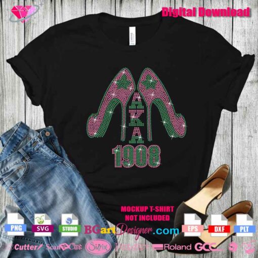 Pink and green rhinestone high heel design with AKA letters and 1908, digital download for custom t-shirt.