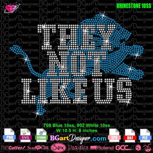 detroit lions Rhinestone template preview of "They Not Like Us" design featuring a lion silhouette with precise rhinestone placement in blue and white.