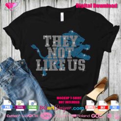 detroit lions They Not Like Us" rhinestone template displayed on a black t-shirt mockup, designed for Cricut and Silhouette machines, featuring a bold lion outline