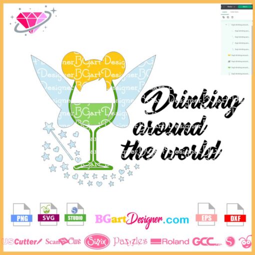 drinking around the world wine glass svg, tinkerbell wine glass svg