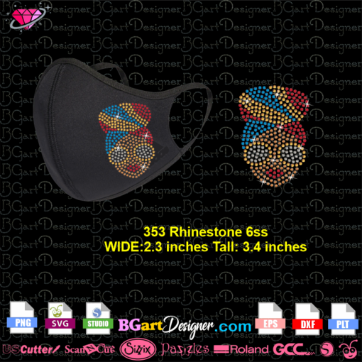 black woman turban mask rhinestone svg cricut silhouette, black woman turban glasses ss6 digital template download, afro woman face mask bling design