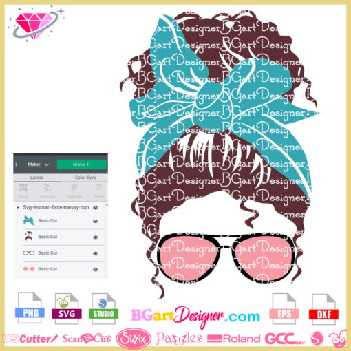 woman Face Messy Bun svg cricut silhouette, girl messy sunglasses svg layered cricut silhouette, girl patriotic headband svg download