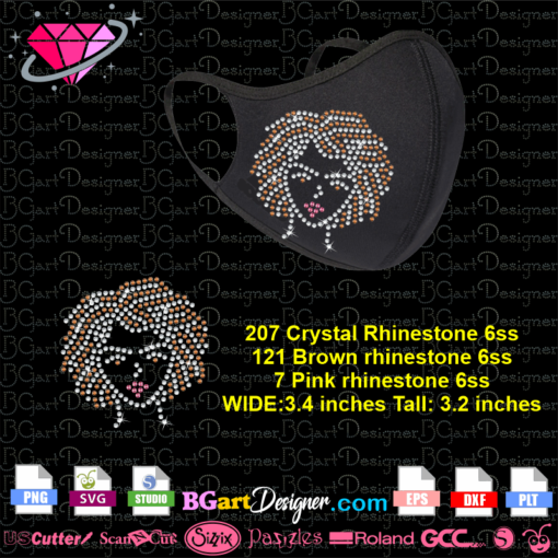 woman face rhinestone bling mask download, afro woman bling svg cricut silhouette, turban woman hair rhinestone digital template