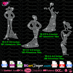 woman elegant silhouette rhinestone svg cricut, download girl elegant dress rhinestone template, ladies long dress bundle svg download