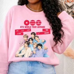 BTS World Tour Arirang 2026 concert shirt graphic mockup on pink sweatshirt, K-pop fan merch PNG digital download for printing