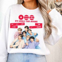 BTS World Tour Arirang 2026 fan shirt design on white sweatshirt mockup, K-pop concert graphic PNG for DTG DTF sublimation printing